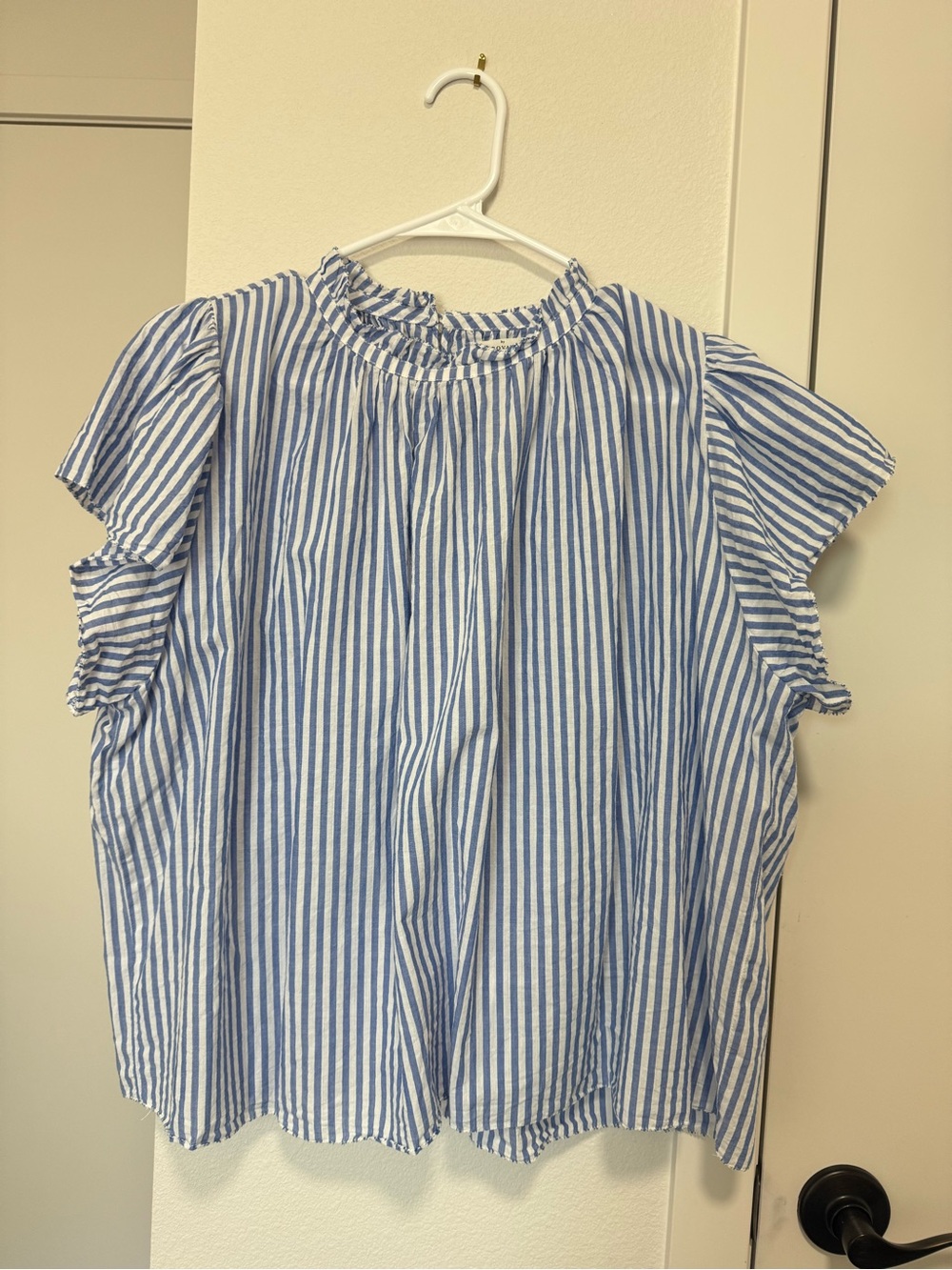 Trovata Blue and White Striped Ruffle Sleeve Blouse